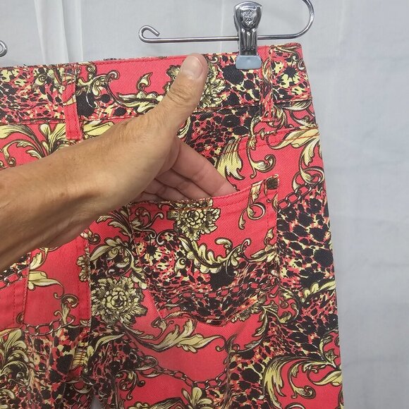 Hot Kiss Skinny Lily Pink Yellow Baroque Leopard Chain Print Jeans Retro Y2K 9 - Picture 10 of 16